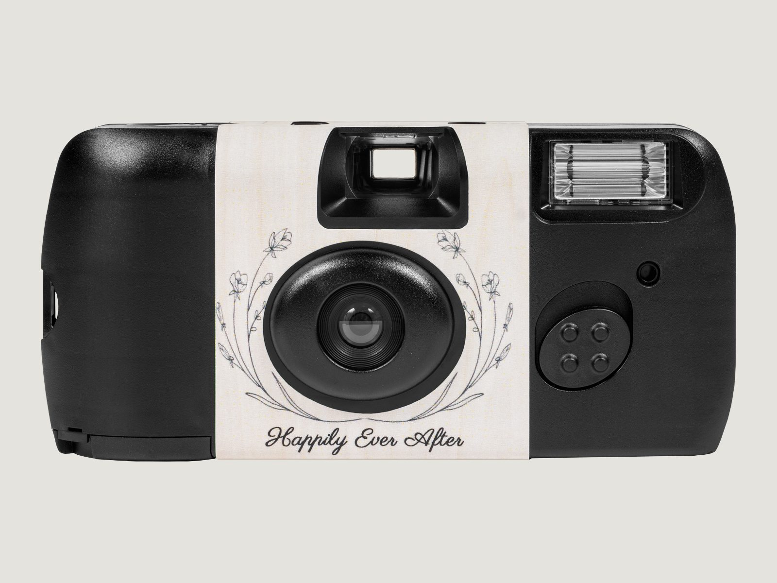 A single-use camera dressed in a floral Happily Ever After wedding wrap