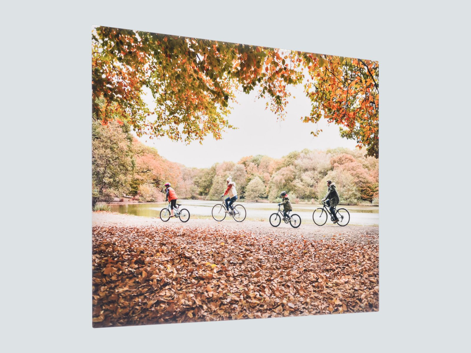 A metal print of a family cycling under autumn trees