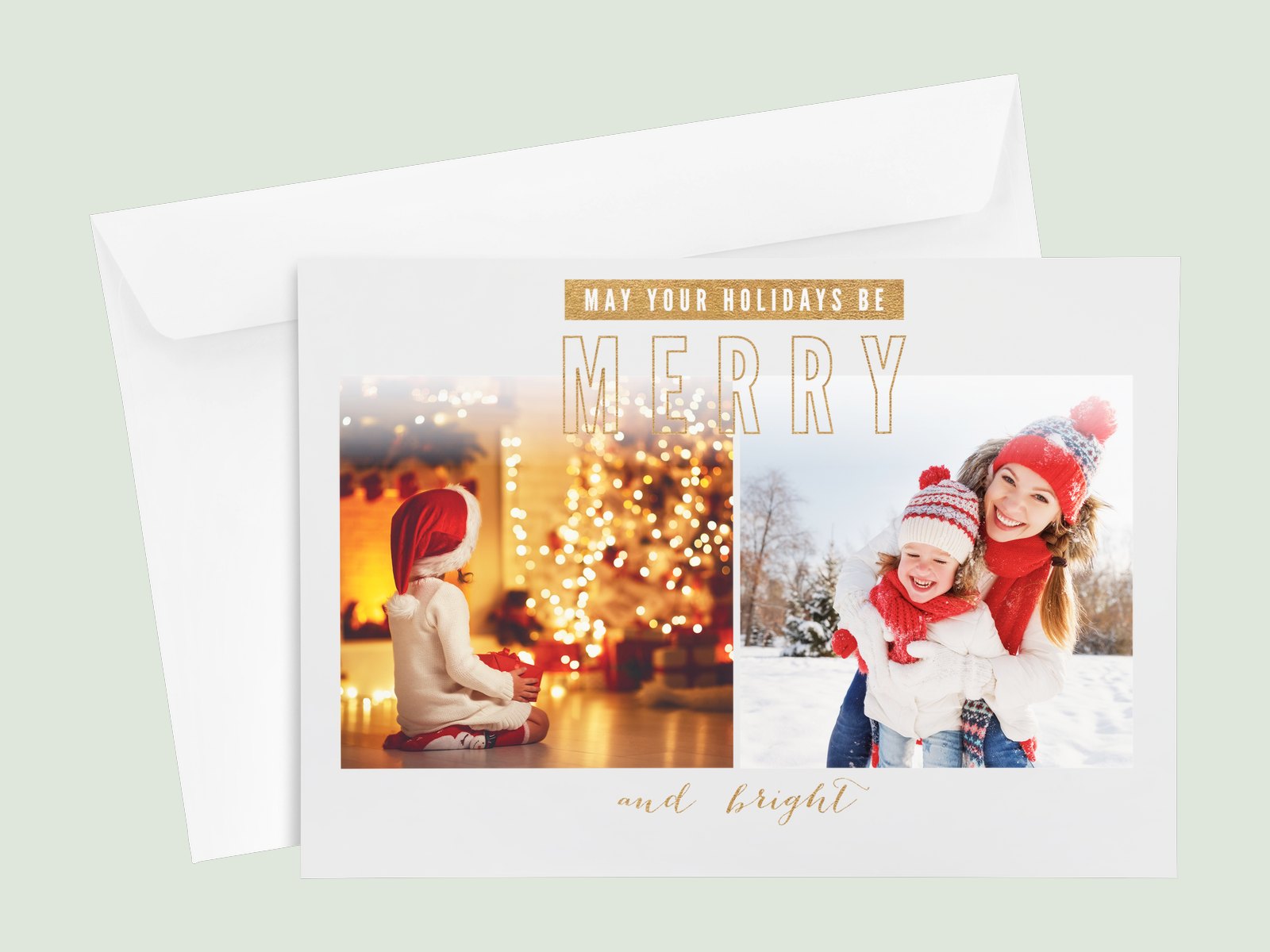 A 5x7 holiday photo card with two photos and its envelope