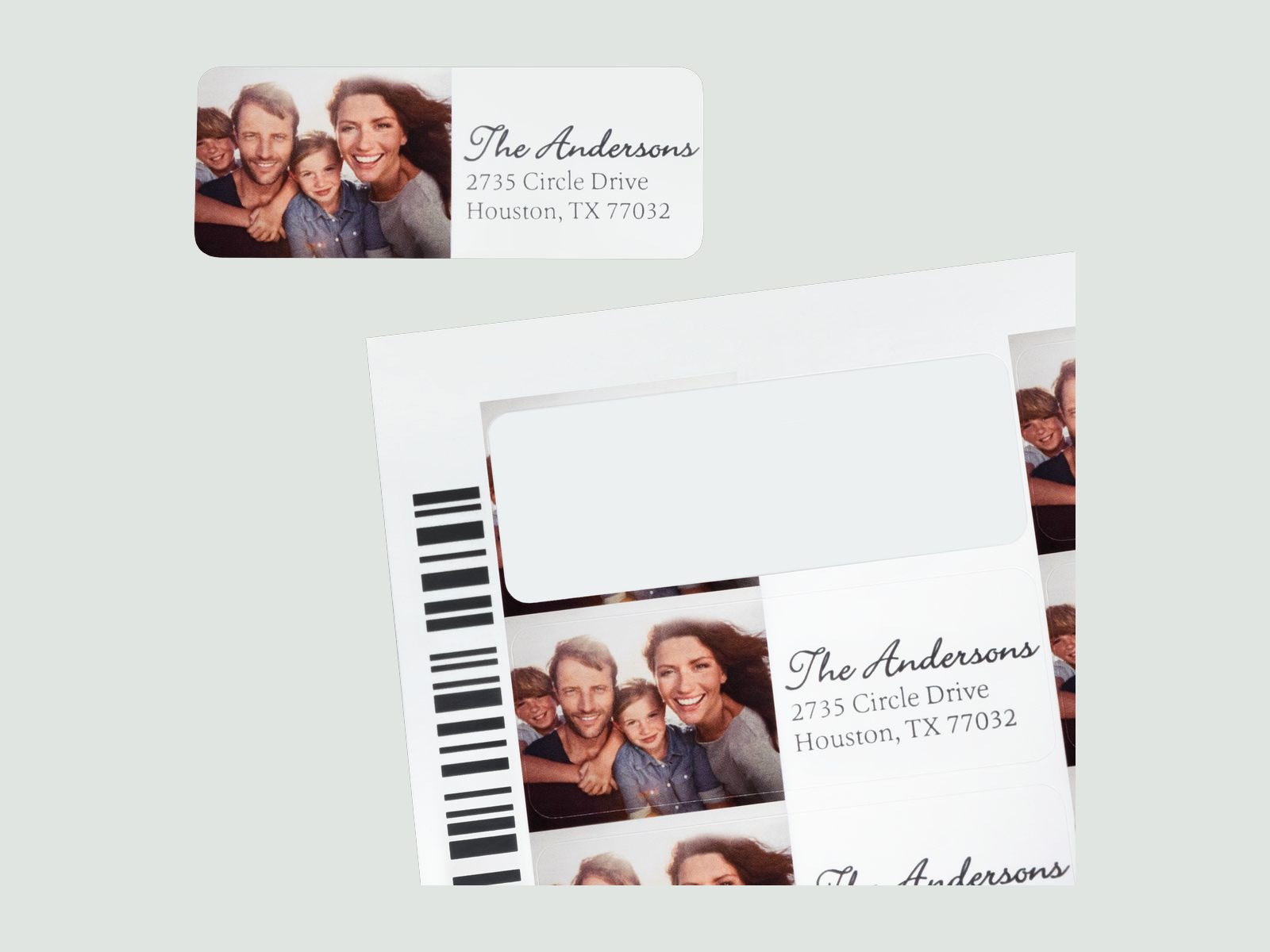 Return-address labels with a family photo, on an envelope and a label sheet