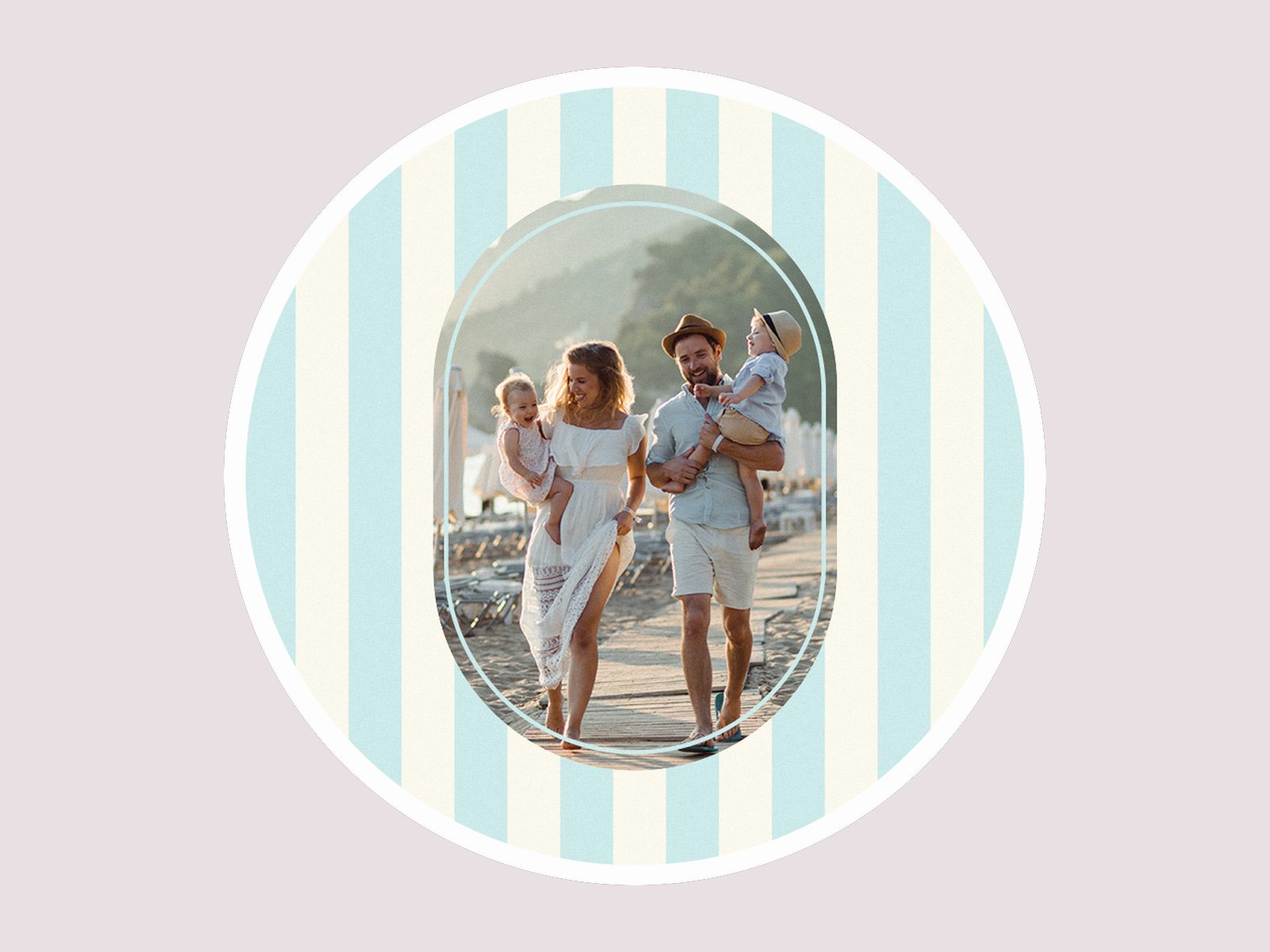 A round photo sticker with a family on a striped background