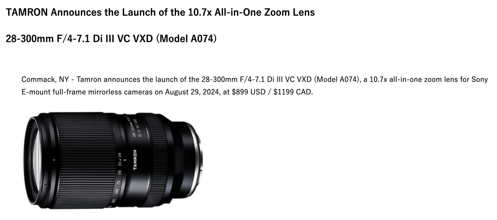 Tamron Announces A074 28-300mm