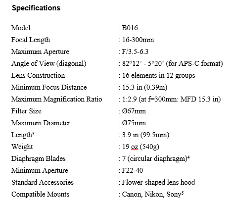 Specifications of 16-300MM F/3.5-6.3 DI II VC PZD MACRO