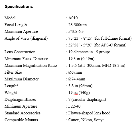 Specification of 28-300MM F/3.5-6.3 DI VC PZD 