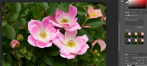 Screenshot of Adobe Photoshop with the photo of flowers with an added flower bud in the left side of the image