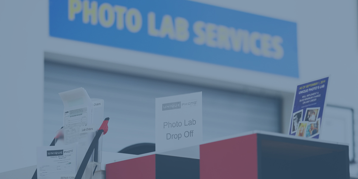 The photo lab drop-off counter at Unique Photo