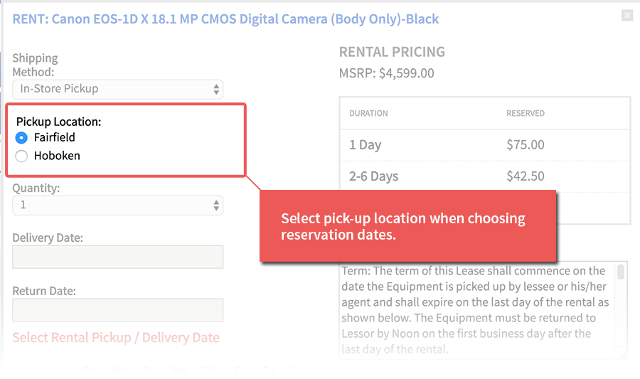 Choose rental pickup location when selecting rental dates
