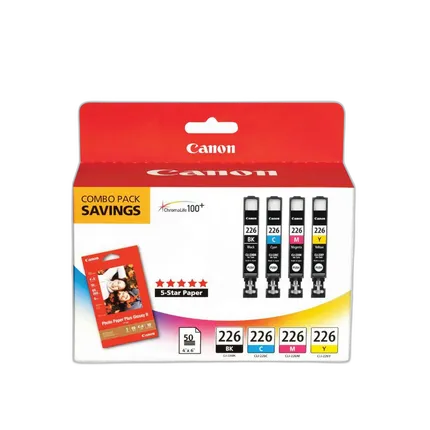 Canon CLI-226 4-Color Ink Tank with 50 Sheets 4x6 Photo Paper Plus Glossy II