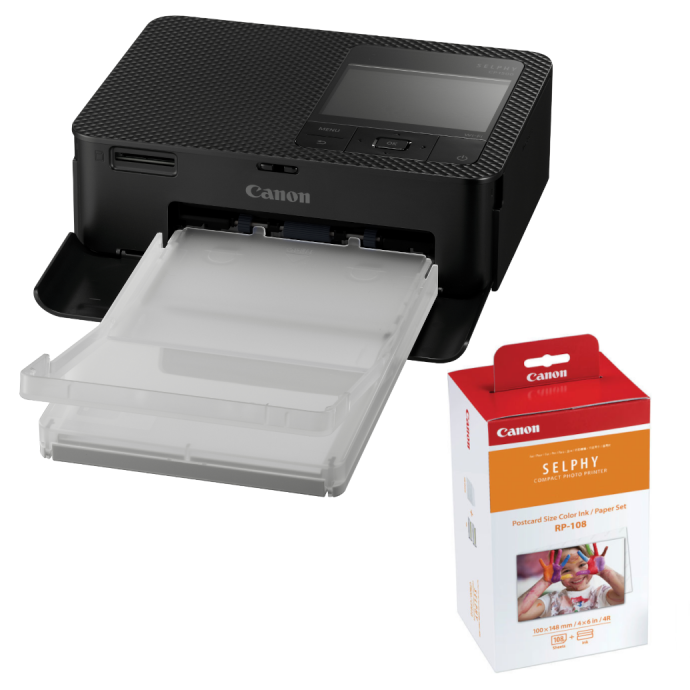 Canon Selphy CP1500 Compact Photo Printer (Black) with RP-108 Ink/Paper Set