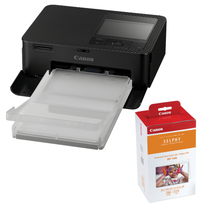 Canon Selphy CP1500 Compact Photo Printer (Black) with RP-108 Ink/Paper Set