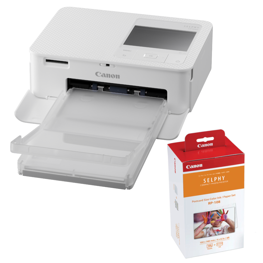 Canon SELPHY CP1500 Compact Photo Printer (White) with RP-108 Ink