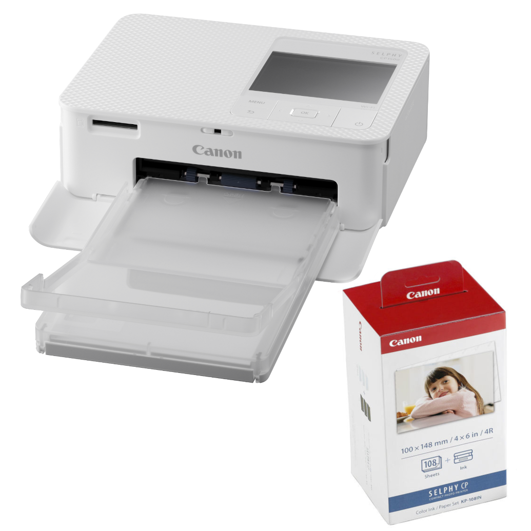 Canon SELPHY CP1500 Compact Photo Printer (White) with KP-108 Ink