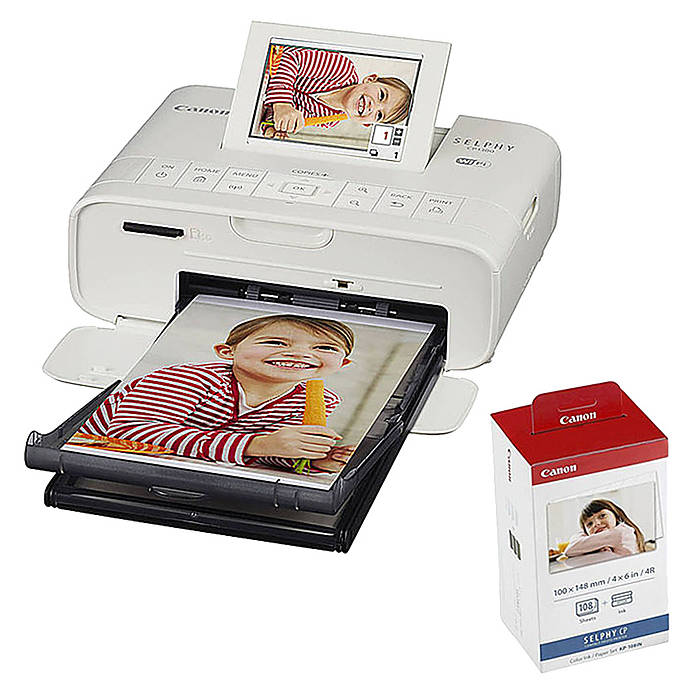 Canon SELPHY CP1300 Wireless Compact Photo Printer (White) + Canon KP-108IN  Color Ink Paper Set (Produces up to 108 of 4 x 6 Prints) + USB Printer