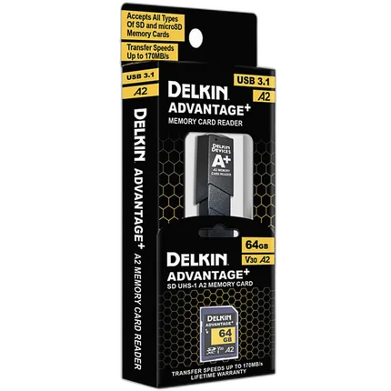 Delkin ADVANTAGE PLUS UHS-I A2 64GB SDXC w/Reader 170MB/s Read 90MB/s Write