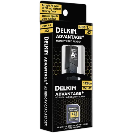 Delkin ADVANTAGE PLUS UHS-I A2 128GB SDXC w/Reader 170MB/s Read 90MB/s Write