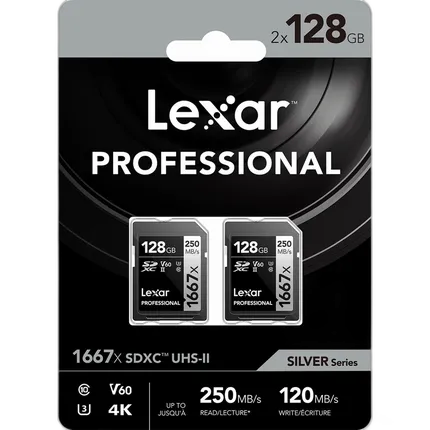 Lexar 128GB Professional 1667x UHS-II U3 V60 Class 10 SDXC Memory Card (2-Pa