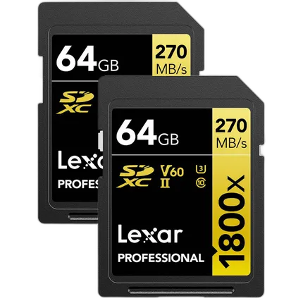 Lexar 64GB Professional 1800x UHS-II U3 Class 10 SDXC GOLD Series Memory Car