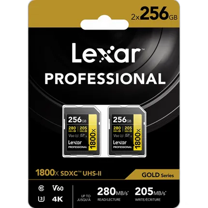 Lexar 256GB Professional 1800x UHS-II U3 Class 10 SDXC GOLD Series Memory Ca