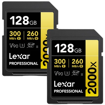 Lexar 128GB Professional 2000x UHS-II U3 V90 Class 10 SDXC Memory Card (2-Pa