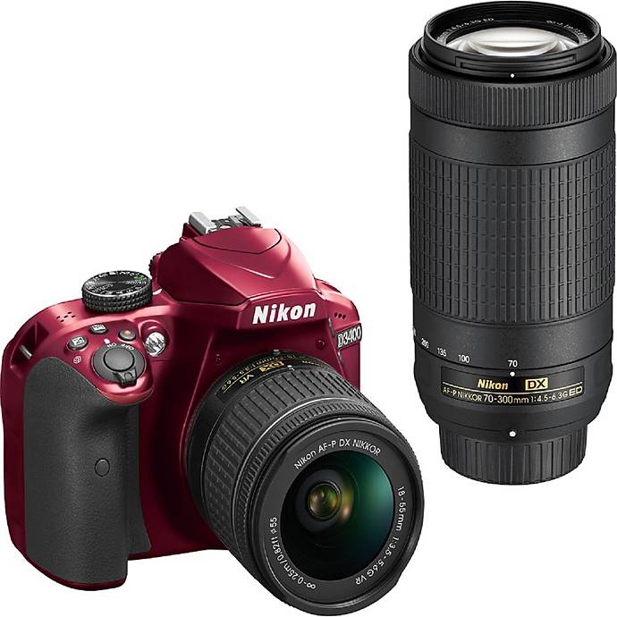 Nikon D3400 DSLR Red with 18-55mm f/3.5-5.6G VR and 70-300mm f/4.5