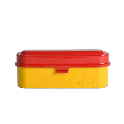 Kodak steel 135 film case w/ red lid and yellow body