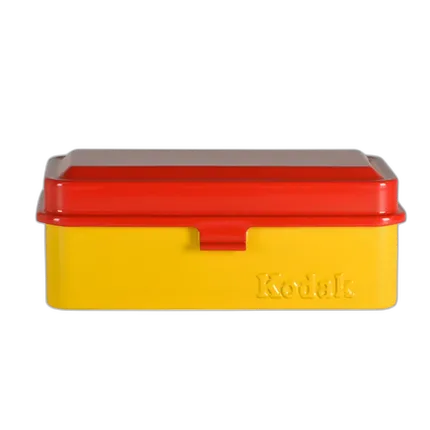 Kodak steel 120/135 film case w/ red lid and yellow body