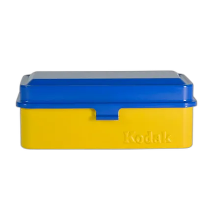 Kodak steel 120/135 film case w/ blue lid and yellow body