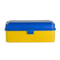 Kodak steel 120/135 film case w/ blue lid and yellow body 0