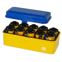 Kodak steel 120/135 film case w/ blue lid and yellow body 4