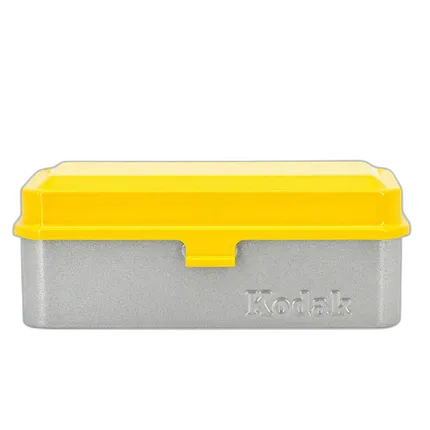 Kodak steel 120/135 film case w/ yellow lid and silver body