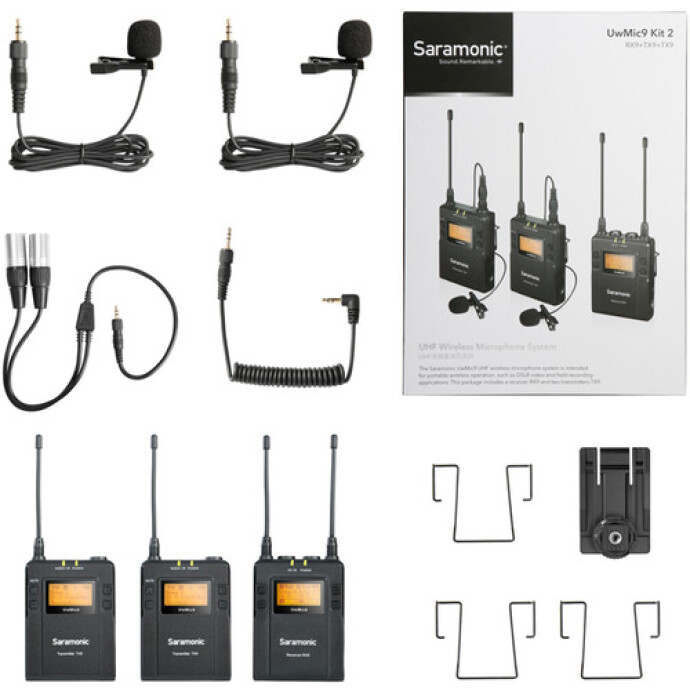 Saramonic UwMic9 2-Person Wireless Omni Lavalier Microphone System receiver and transmitters