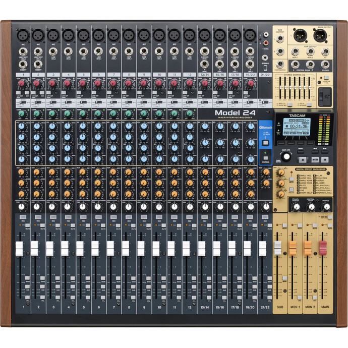 Top view of Tascam Model 24 channel controls and faders