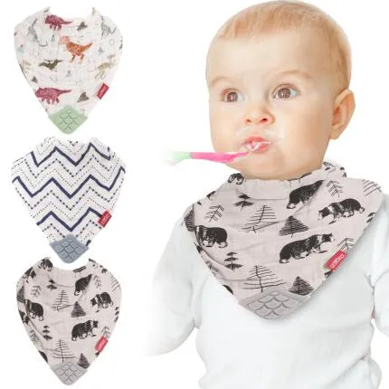 Nuby 3Pk Muslin Bandana Teeth Bib Bear Dinosaurs Blue Strip