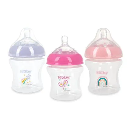 Nuby 3Pk 6Oz Print No Spill Bottle Pink Coral And Purple Only